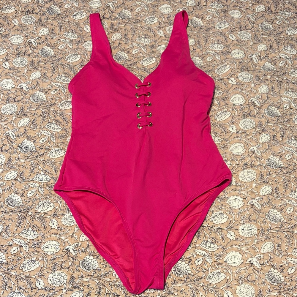 Tahari Hot Pink Lace-Up One-Piece Swimsuit